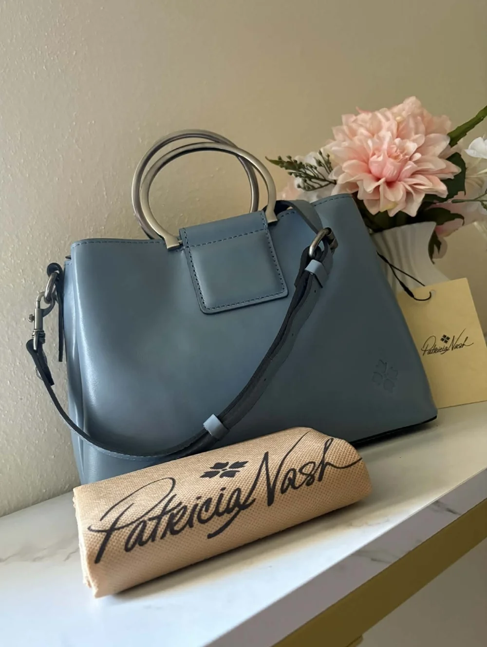 Patricia Nash Empoli Blue Leather Satchel / Crossbody With Metal Handles NWT